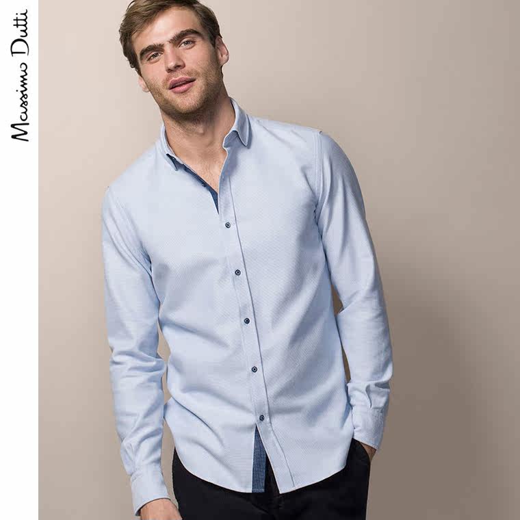 Massimo Dutti 男装 全棉天蓝色纹理衬衫 00143377403