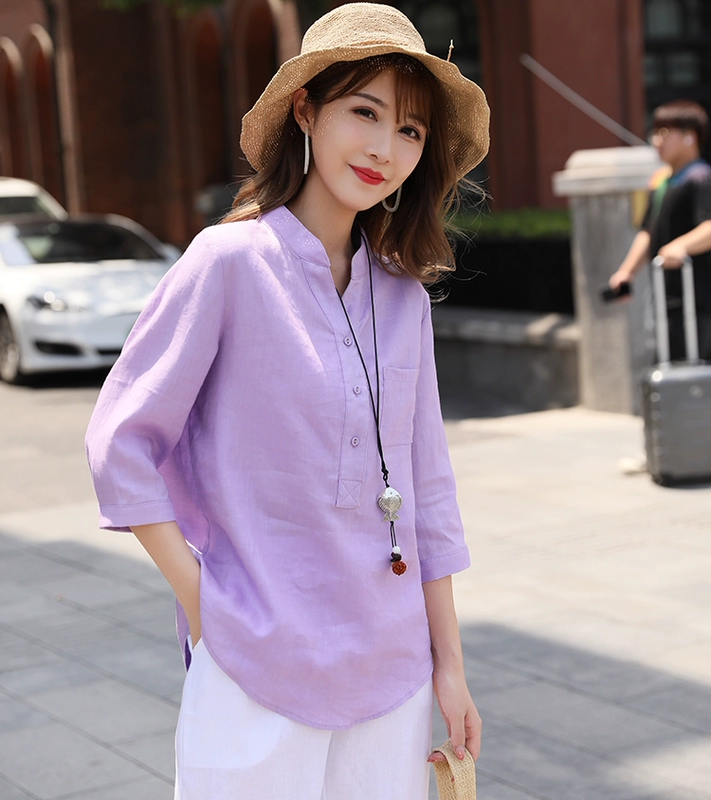 Áo sơ mi vải lanh tinh khiết cotton lỏng và áo sơ mi vải lanh tay áo ba phần tư của phụ nữ mùa hè năm 2021 nhẹ nấu chín áo cánh mới kết hợp hoàn toàn - Áo sơ mi