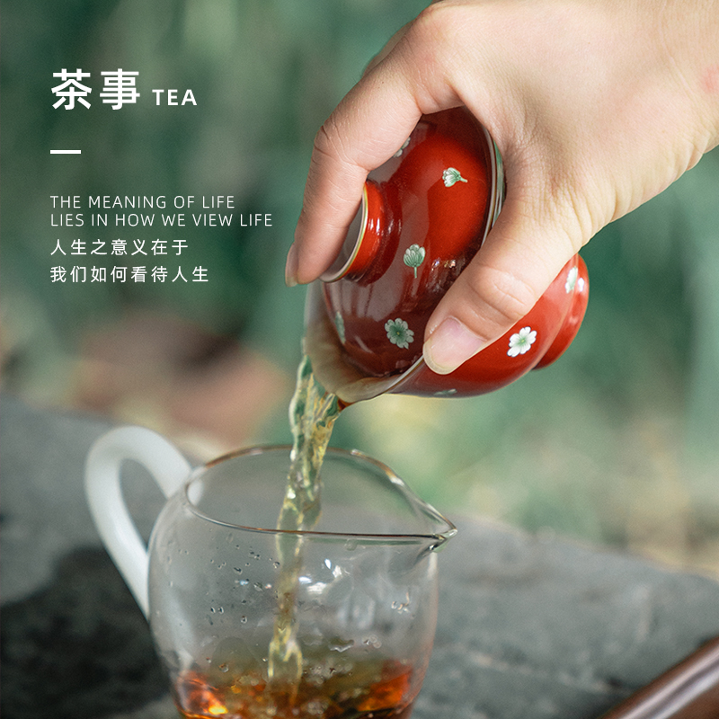 Mountain sound alum red flower only tureen jingdezhen tureen tea cups kung fu tea tureen single pure manual painting