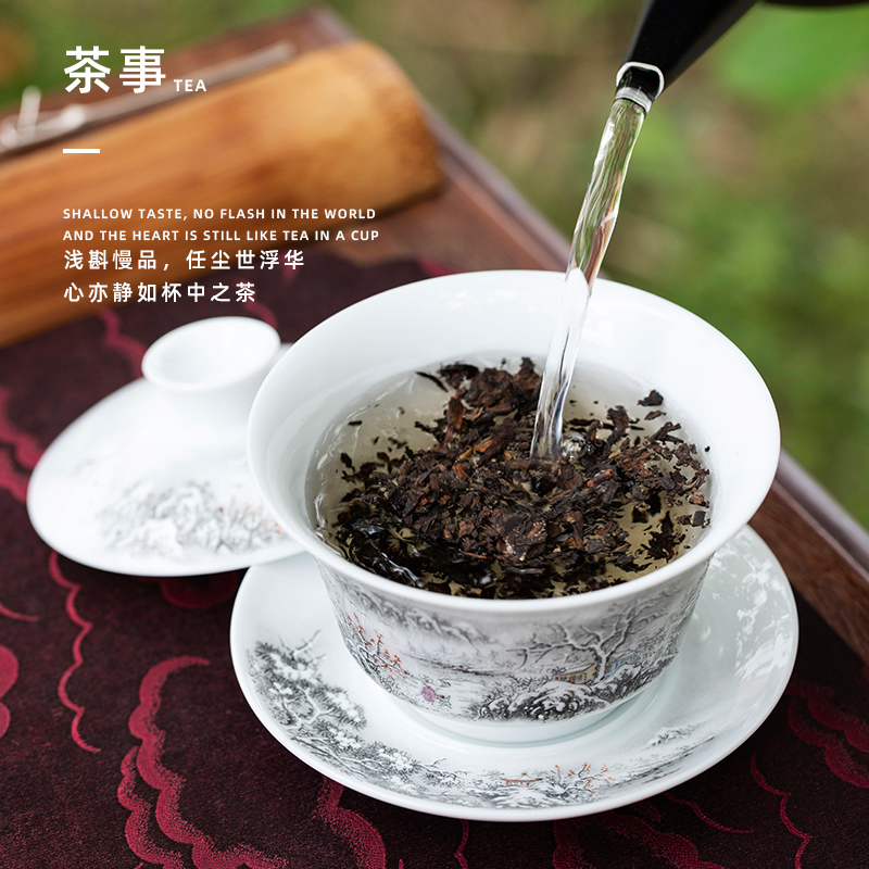 Sound snow mountain scenery only three tureen cup bowl pastel hand - made jingdezhen ceramic kung fu tea set