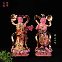 Golden Boy Jade Girl Guanyin Protector Good Fortune Boy Dragon Girl Xiang camphor wood carving painted Buddha statue Buddha Hall home offering