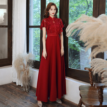 Wine red cheongsam toast dress Chinese style bride wedding dress skirt 2021 new summer long thin