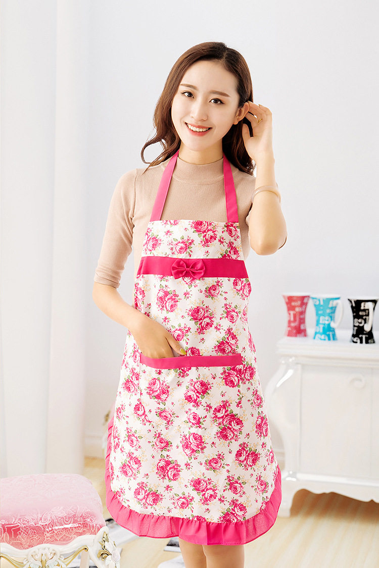 厂家促销 韩版时尚可爱桃皮绒家务厨房防污蝴蝶结玫瑰花围裙定做