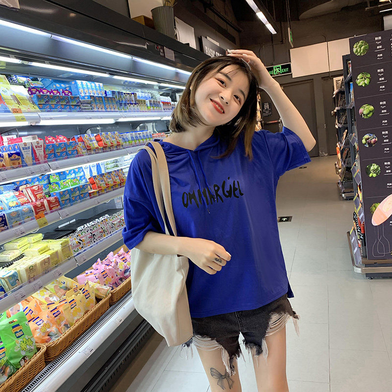 少女夏装短袖百搭t恤休闲运动中袖连帽学生卫衣ins超火的上衣