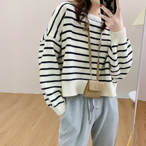 Net red striped sweater lazy wind design niche sweater day and loose short round collar knitting shirt
