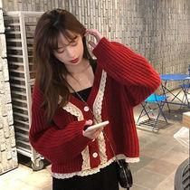 2022 Spring and Autumn New Long Sleeve Knitted Sweater Cover Lace Specified V - collar Lace