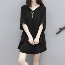 Micro fat mm thin two-piece set size womens 2021 new summer shorts fat sister Foreign style cover belly