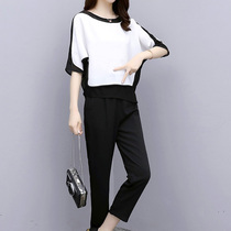 Large size womens two-piece small fat mm foreign style 2021 new summer fat sister slim belly cover top