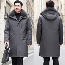 middle aged and elderly men's thickened long over knee detachable inner large fur collar winter father's clothing winter coat