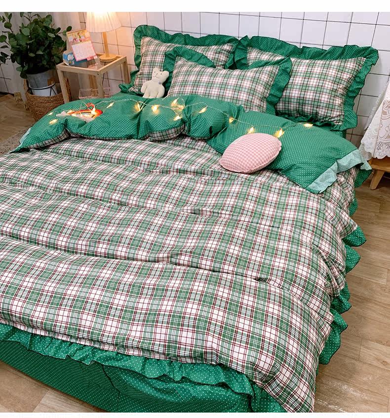 北欧简约格子床上用品ins风网红韩版花边小清新床裙款少女四件套3