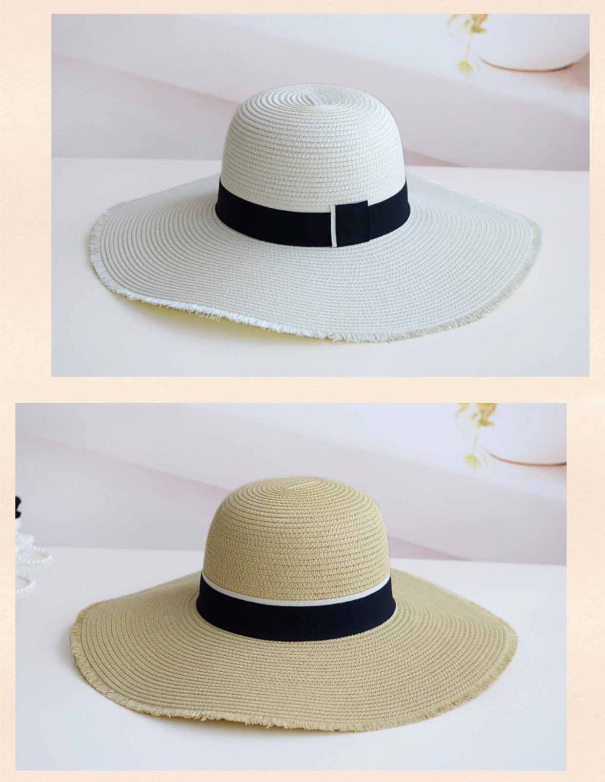 韩版黑色大檐草编遮阳帽折叠草帽子女潮女士沙滩防晒帽度假夏百搭