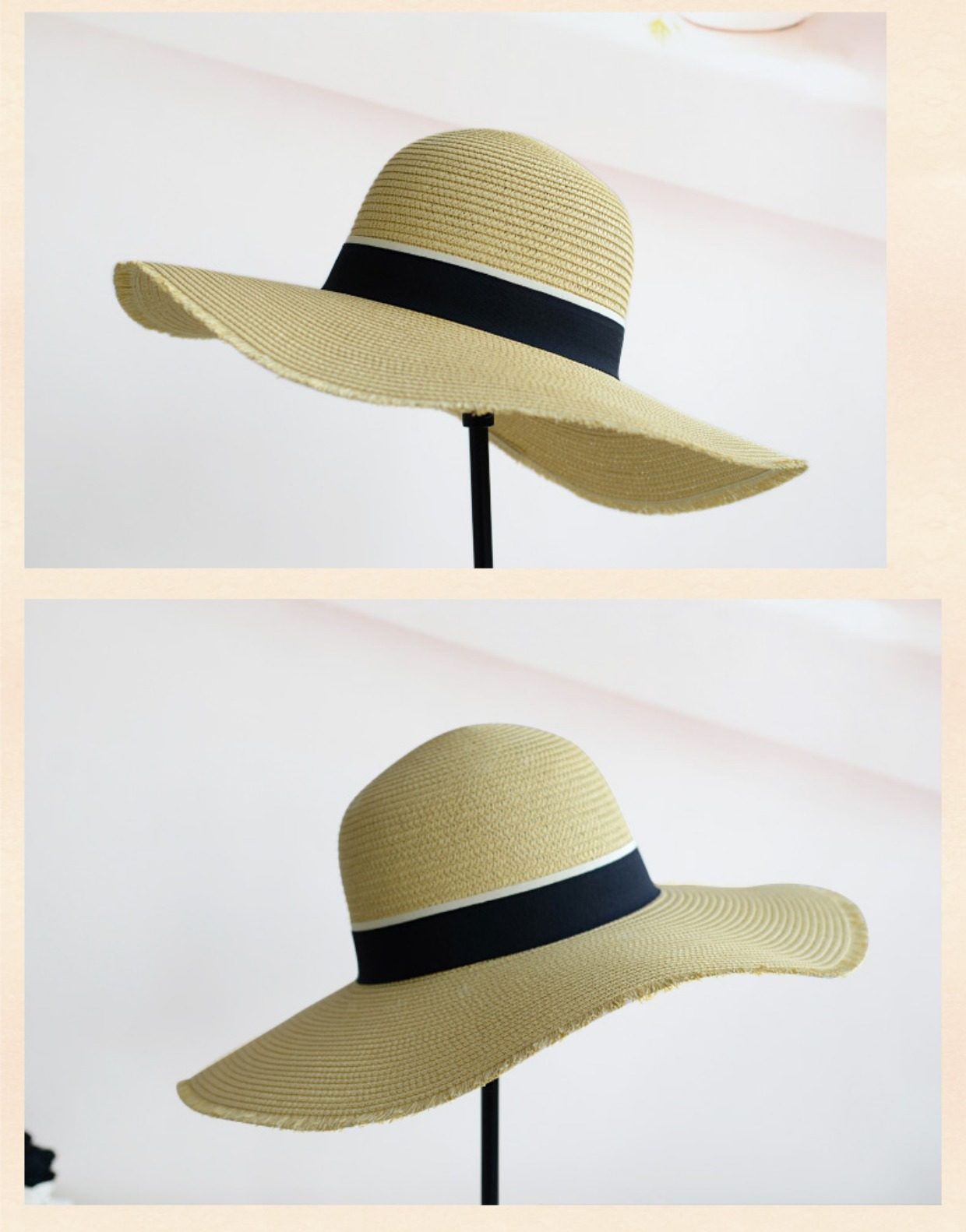 韩版黑色大檐草编遮阳帽折叠草帽子女潮女士沙滩防晒帽度假夏百搭