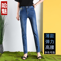 Summer thin high-waisted jeans womens loose straight tube size high elastic fat sister slim long pants