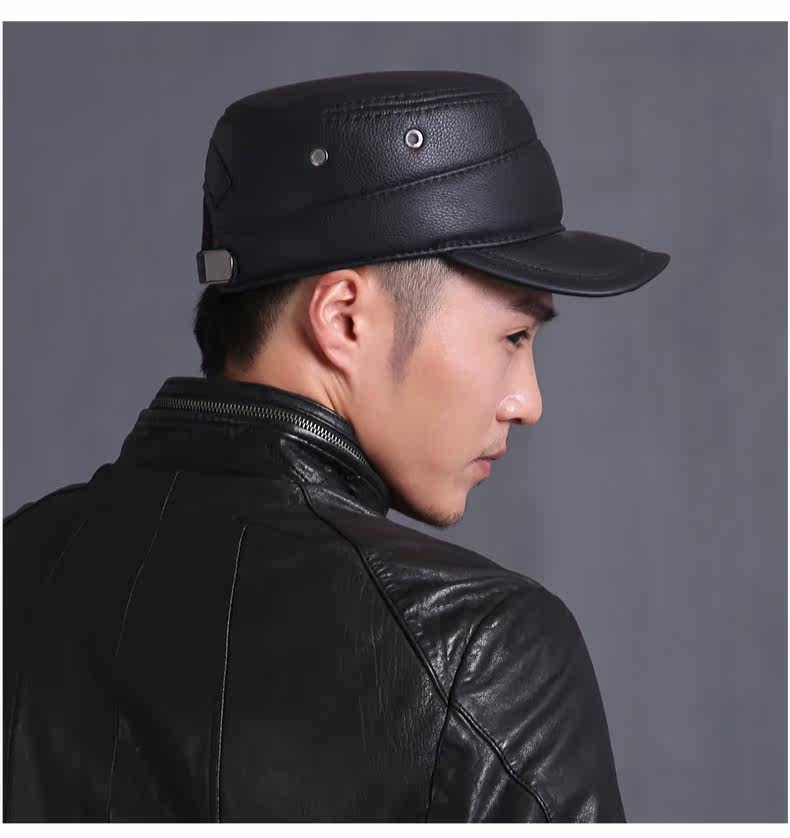 皮帽子男 冬季帽子军帽平顶帽中老年帽子 牛皮男士真皮帽子