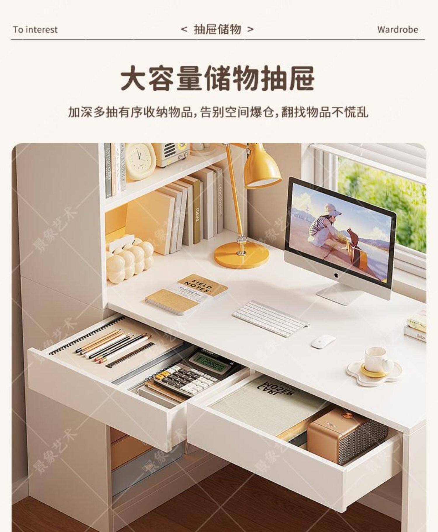 书桌简约带书柜一体组合写字台桌小户型连体多功能转角学习办公桌