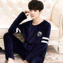 Pajamas mens winter thickened velvet coral velvet Autumn and winter youth students long-sleeved warm velvet round neck home clothes