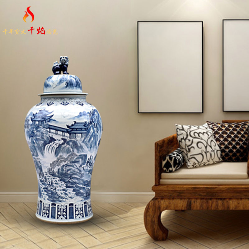 Jingdezhen ceramics large storage tank is blue and white landscape general tank sitting room TV ark, archaize rich ancient frame furnishing articles