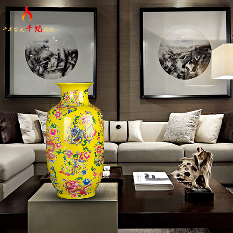 Jingdezhen ceramics vase landing longfeng grain yellow idea gourd bottle of modern Chinese style living room decoration furnishing articles flower arrangement