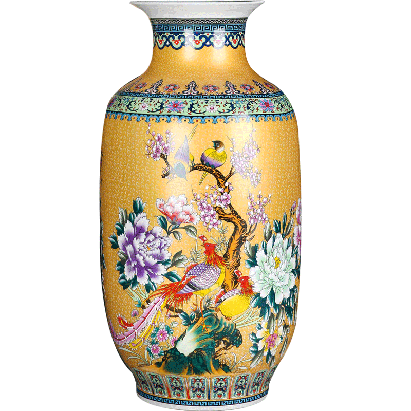 Jingdezhen ceramics yellow colored enamel big vase painting of flowers and household flower arrangement sitting room adornment TV ark, furnishing articles