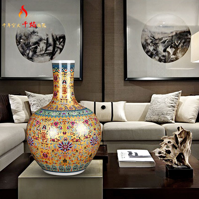 Jingdezhen ceramic colored enamel big vase household flower arrangement sitting room adornment TV ark, golden fu lu shou furnishing articles