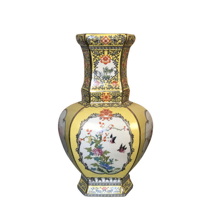 Mesa of jingdezhen ceramics vase archaize the six - party six edge yellow flower on enamel European living room decoration