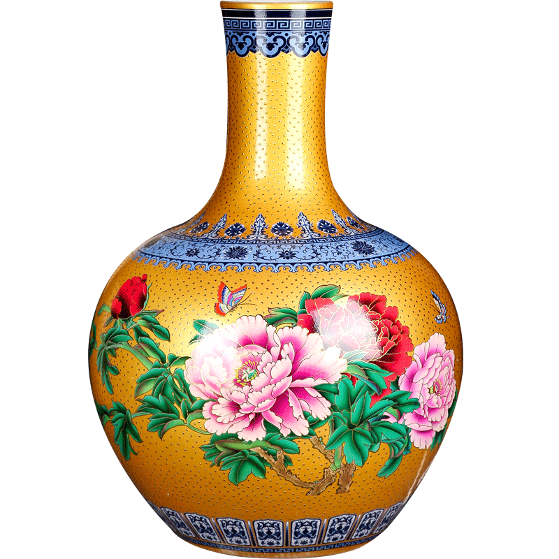 Jingdezhen ceramics vase golden pearl glaze peony new Chinese style household flower arranging rich ancient frame is placed in the living room