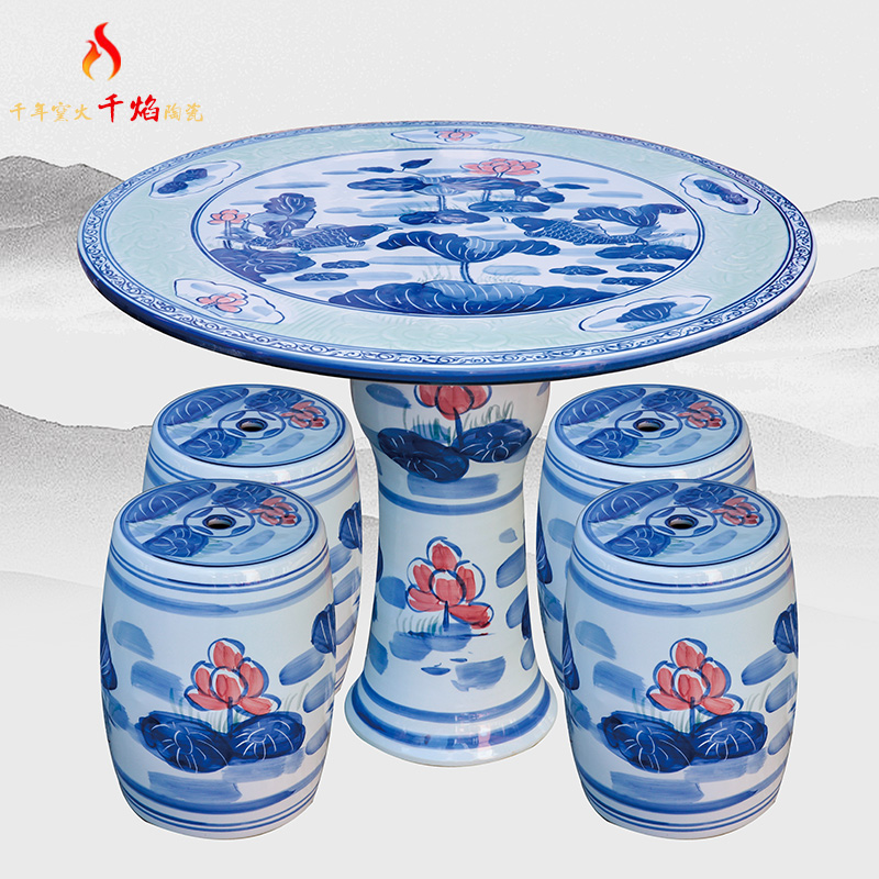 Jingdezhen ceramic table who suit roundtable is hand - made is suing courtyard garden chairs and tables of blue and white porcelain lotus fish