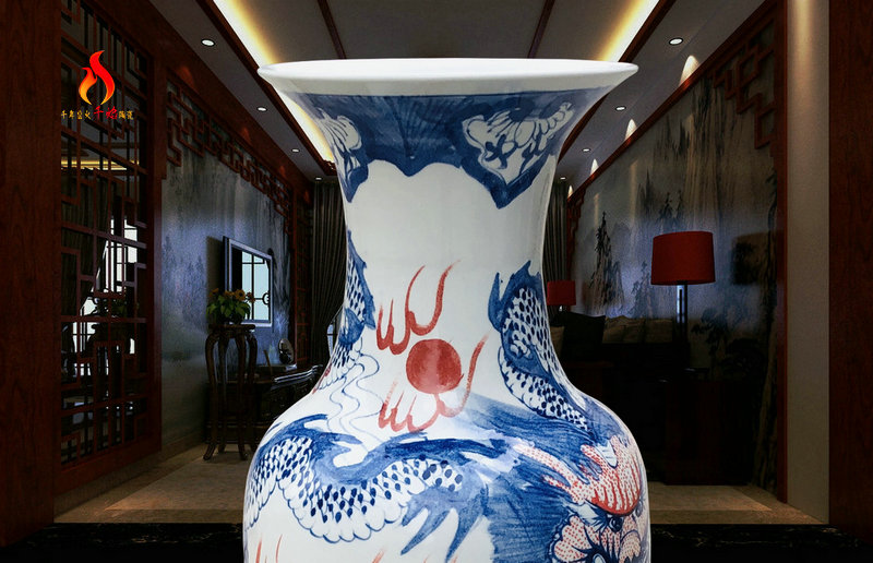 Thousands of flame jingdezhen ceramics landing big sitting room is blue and white porcelain vase youligong red dragon grain hotel handicraft furnishing articles