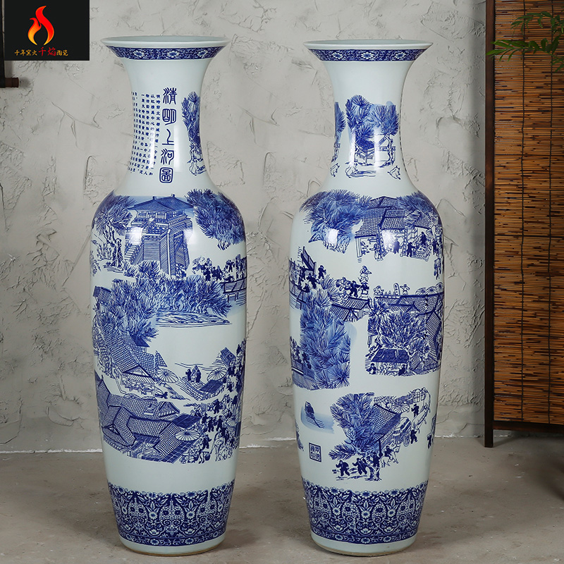 Jingdezhen ceramic large ground blue and white porcelain vase painting modern new Chinese style living room decoration clear furnishing articles