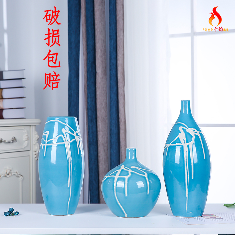 Jingdezhen ceramics vase sitting room adornment furnishing articles study three - piece suit modern fashion decoration blue flower arrangement