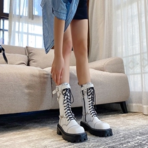 Martin Boots Womens Tide Ins Cool 2022 Autumn Winter New Genuine Leather Midcylinder Boots Thick Bottom heightening Inron handsome Locomotive Boots