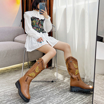 Western Cowboy Boots 2021 Autumn New Embroidery V Mouth Barrel Boots Woman Thick Bottom Martin boots 100 Hitchhiking Rider Boots