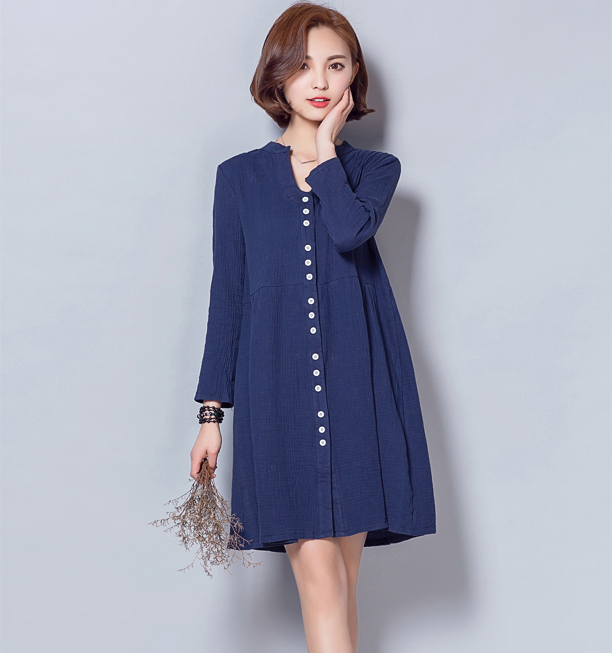 实拍2017春装新款潮韩范复古小清新棉麻长款长袖连衣裙夏季长裙