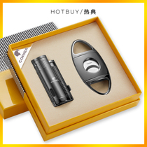 HOTBUY high-grade stainless steel cigar scissors windproof direct impact burner set Exquisite gift box two-piece set