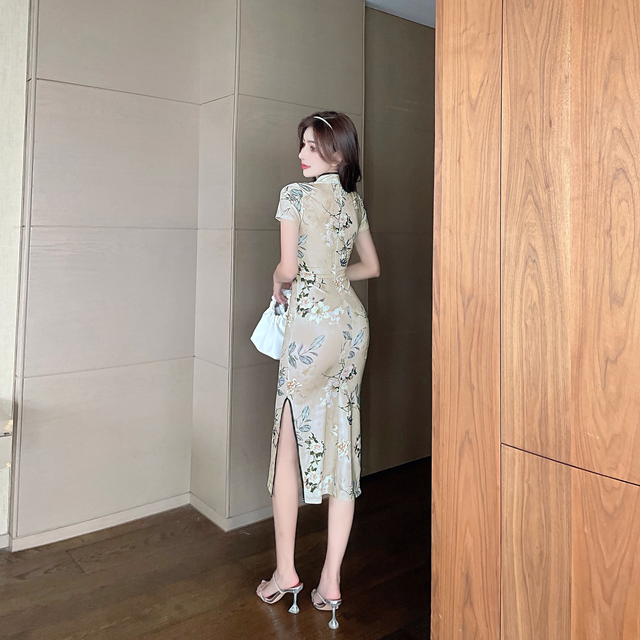 实拍!1033#控价43新款 印花开叉性感镂空长款改良旗袍连衣裙