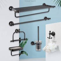 All-copper bathroom hardware pendant set European-style wall-mounted bathroom towel rack Bathroom shelf Black bath towel rack