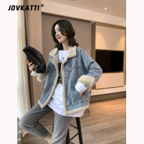 JOVKATTI warmth and color value coexist with light blue thickened single-row buckle short loose and velvet cowboy coat girl