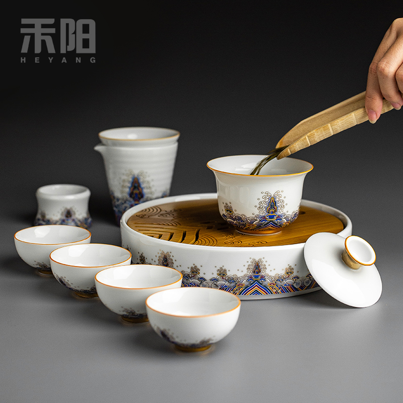 Send Yang gold colored enamel tureen white porcelain kung fu tea sets big wash to the home office gifts ceramic cups of tea