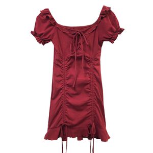 French style retro waistband slim Ruffle drawstring hip dress