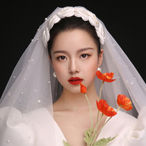 French bow hair hoop bride white satin headband photo studio retro wedding dress white gauze flower hair accessories