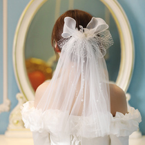 Bride fashion Korean short hair accessories super beautiful Photo Photo Photo back of the head with white veil soft yarn bow