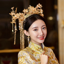 Chinese style Xiuhe hair accessories new golden tassel big phoenix crown tassel flying crane Dragonfly classical wedding bride head jewelry