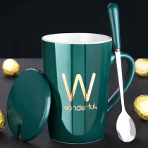Creative personality ceramic mug with lid spoon drinking cup Trend couple men and women household milk coffee tea cup