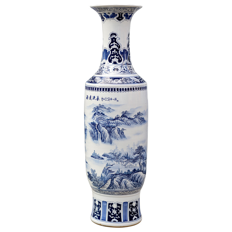 Jingdezhen blue and white porcelain has a long history in the hand - made landscape painting of large vase household living room TV cabinet furnishing articles