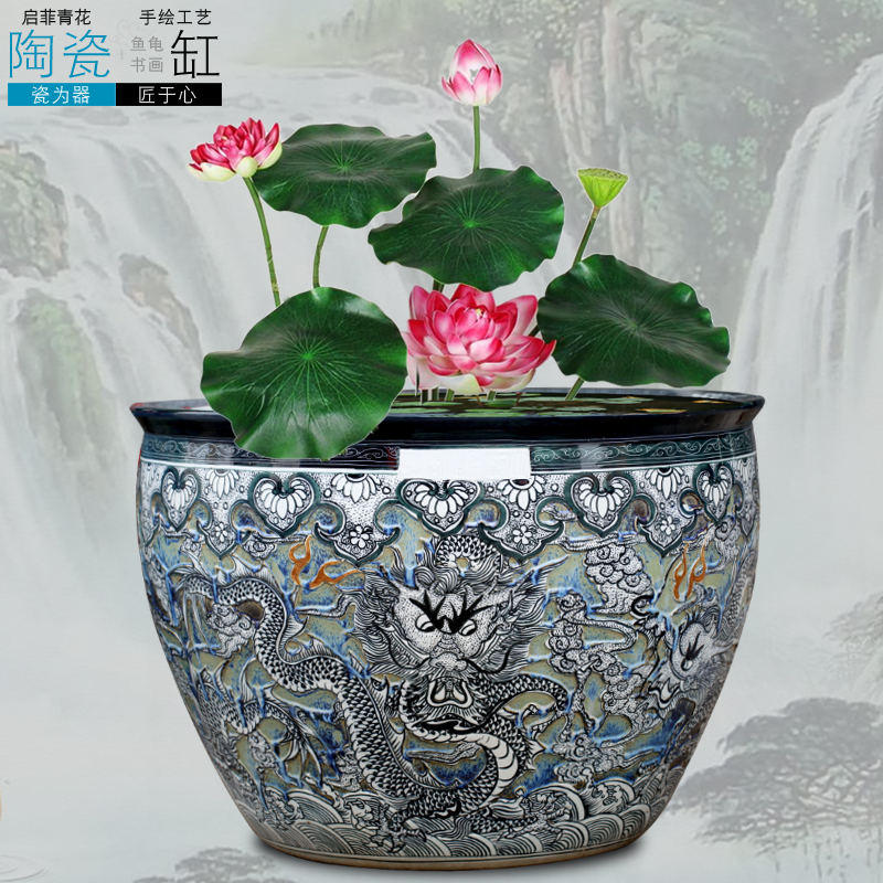 Jingdezhen ceramic heavy tank large fish bowl big blue and white porcelain lotus lotus cylinder old - fashioned tank yard