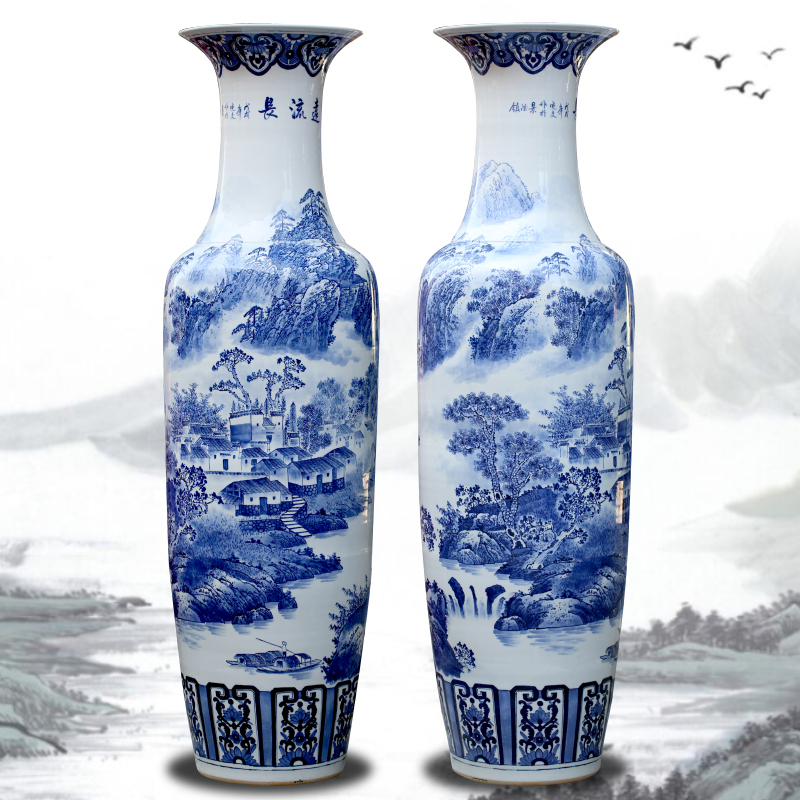 Jingdezhen ceramic floor big hand blue and white porcelain vase furnishing articles sitting room large landscape painting porcelain hotel decoration