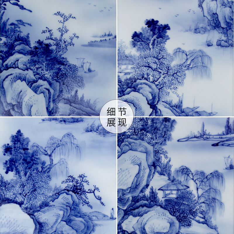 Jingdezhen ceramic blue and white porcelain plate painting landscapes painting hand - made four screen adornment home sitting room background wall hangs a picture