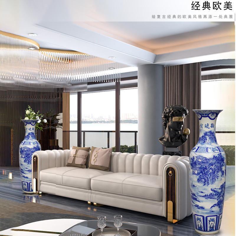 Jingdezhen blue and white porcelain painting village dawn rhyme of large vase household living room TV ark, large furnishing articles