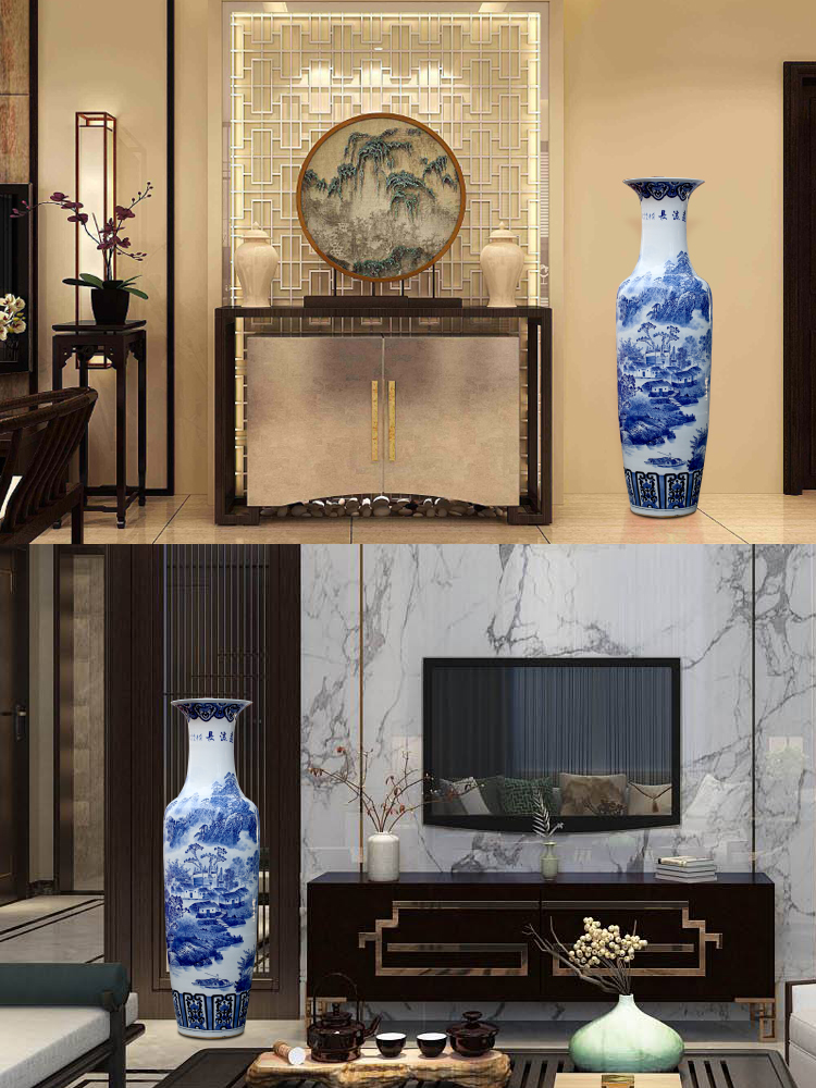 Jingdezhen ceramic floor big hand blue and white porcelain vase furnishing articles sitting room large landscape painting porcelain hotel decoration