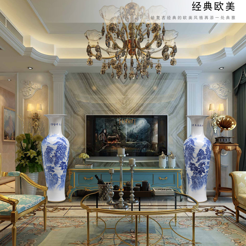 Jingdezhen blue and white porcelain hand - made jiangnan spring scenery landscape painting of large vase household ceramic furnishing articles sitting room adornment